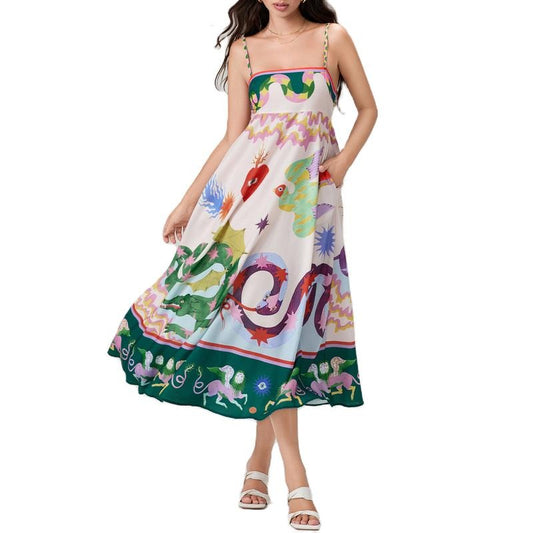 Women Boho Beach Maxi Dress Y2k Spaghetti Strap Sleeveless Graffiti Print Smocked Flowy Swing A-line Long Dress Cocktail Vacation Sundress Streetwear