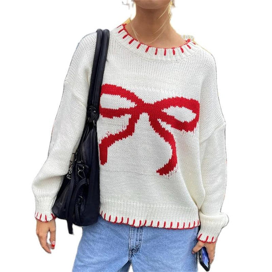 Women Casual Knitted Sweater Long Sleeve Crewneck Bow Printing Knitwear Top Y2k Girls Cute Sweater Top Loose Oversized Sweater Party Streetwear