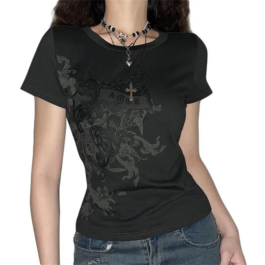 Women Halloween Goth T Shirt Y2k Slim Fit Contrast Color Floral Print Short Sleeve Round Neck Pullover Tops Vintage Novelty Tee Shirts