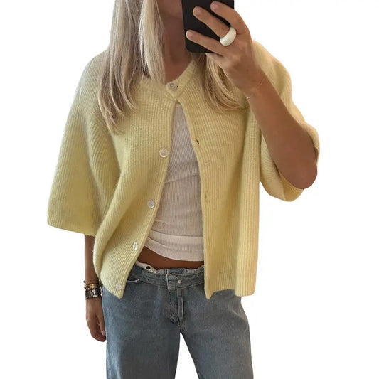 Women Knitted Crop Cardigan Shirt Short Sleeve Button Down Ribbed Knit Crop Top Y2k Girls Outwear Top Tee Shirt