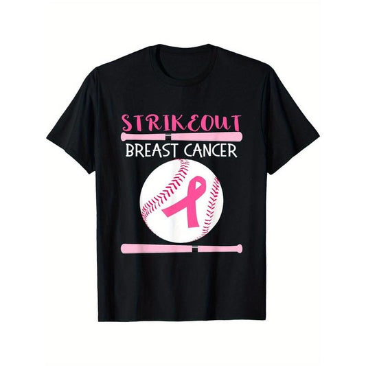 Women'S Cotton Baseball Bat & Ball Graphic T-Shirt, High Stretch Crew Neck, Casual All-Season Knit Top with Breast Cancer Awareness Pink Ribbon Print made in usa