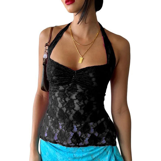 Women Sexy Lace Cami Top Sleeveless See Through Halter Tie-up Backless Crop Top Y2k Girls Going Out Shirt Sheer Shirt  Camisole Streetwear