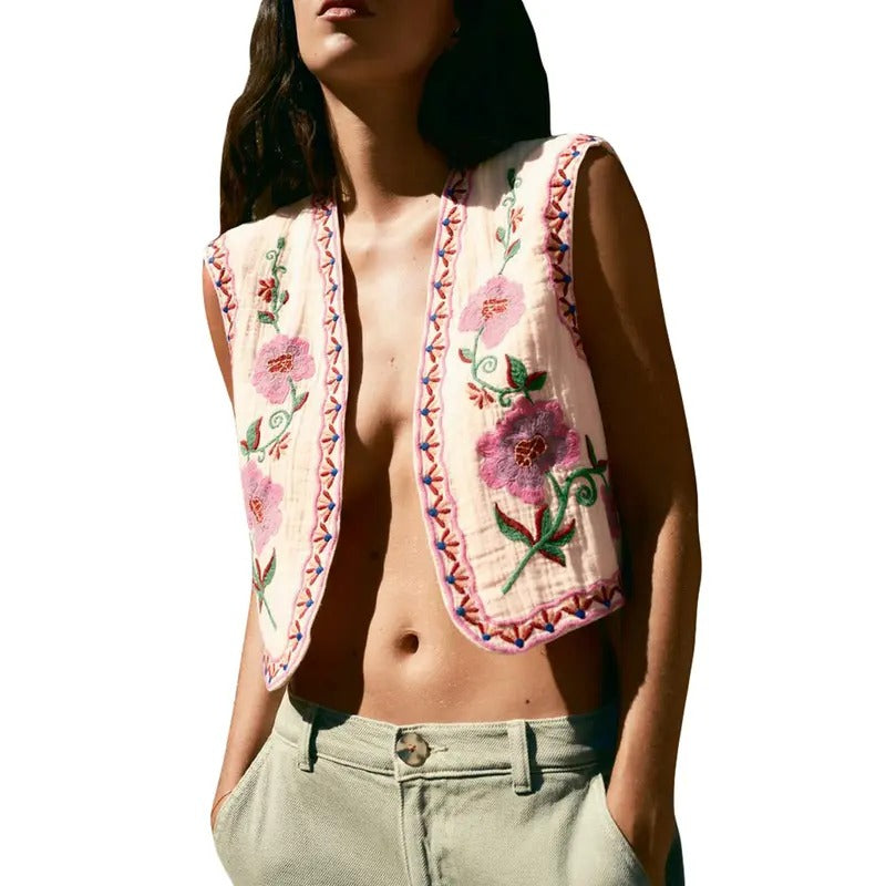 Women Vest, Sleeveless Open Front Embroidery Flower Outwear Gilet for Casual Street Cotton Womenswear