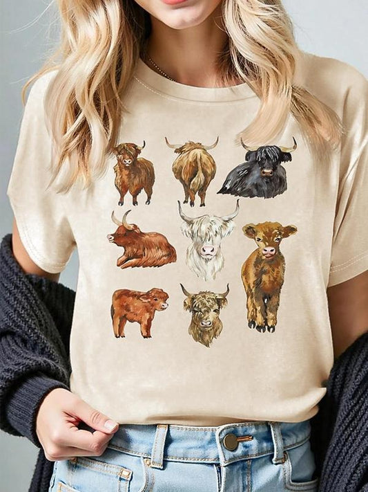 Women's Animal Print Round Neck Tee, Casual Short Sleeve Crew Neck T-shirt for Daily Wear, Ladies Clothes for All Seasons