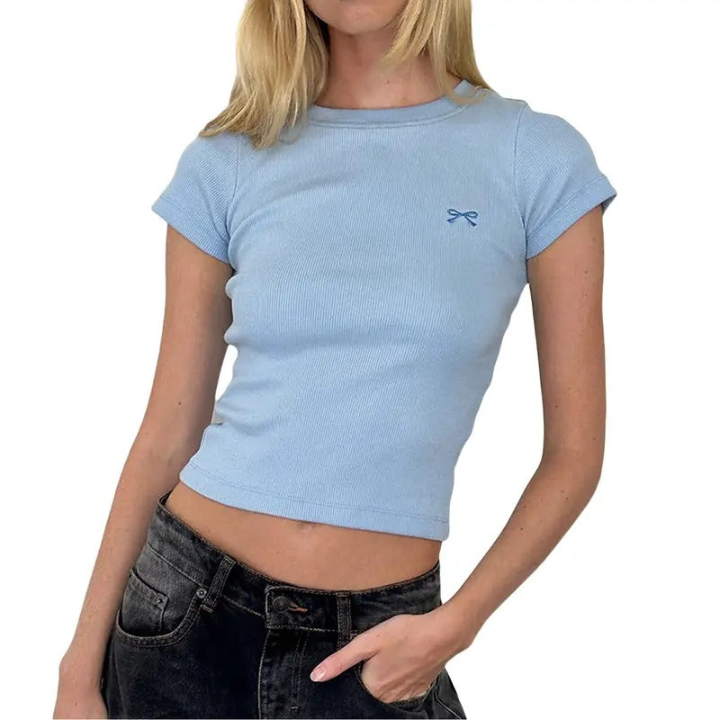 Women's Basic Crop Tops Tight Fitted Round Neck Short Sleeve Cute Bow Embroidery Ribbed T-Shirts Tops Y2k Summer Blouse