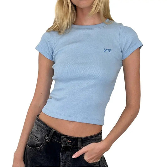 Women's Basic Crop Tops Tight Fitted Round Neck Short Sleeve Cute Bow Embroidery Ribbed T-Shirts Tops Y2k Summer Blouse