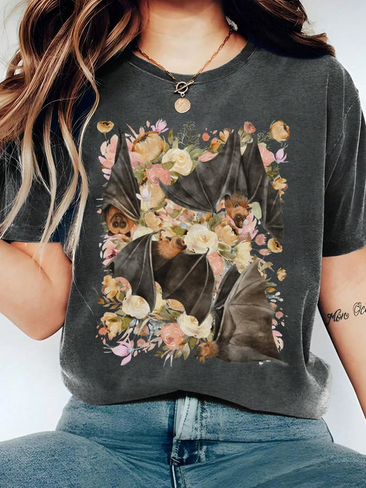 Women's Bat & Floral Print Round Neck Tee, Fashion Casual Crew Neck T-Shirt for Daily Holiday Vacation Outdoor Wear, Ladies Clothes for Summer