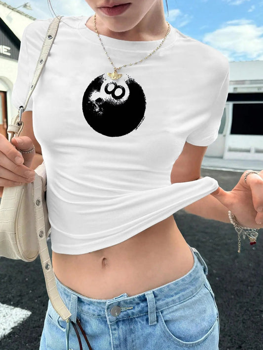 Women's Billiards Number 8 Print Round Neck Tee, Fashion Casual Crew Neck T-shirt for Daily Holiday Vacation Outdoor Wear, Ladies Clothes for Summer