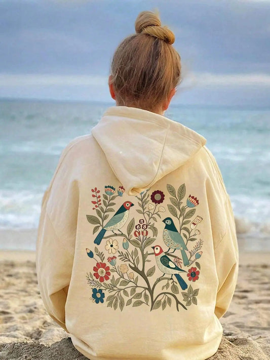 Women's Bird & Floral Print Drop Shoulder Hoodie, Fashion Casual Drawstring Pocket Hooded Sweatshirt for Daily Holiday Outdoor Wear, Women Clothing for Fall & Winter