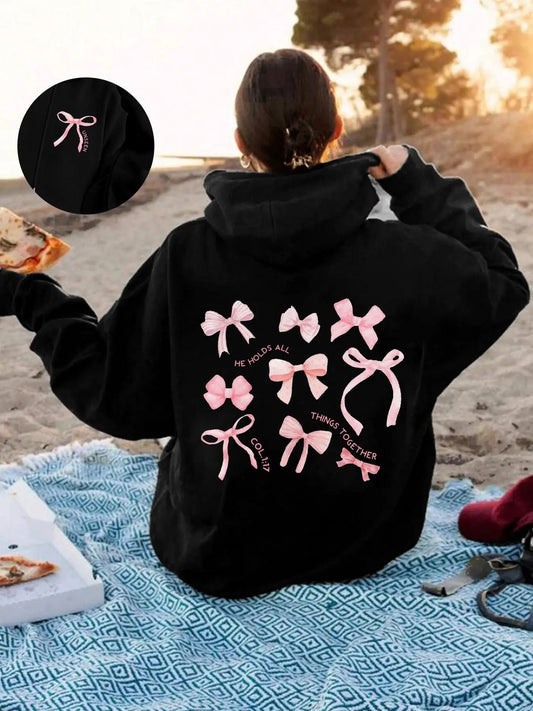 Women's Bow & Letter Print Drawstring Hoodie, Fashion Casual Pocket Hooded Sweatshirt for Daily Holiday Outdoor Wear, Ladies Clothes for Spring & Fall