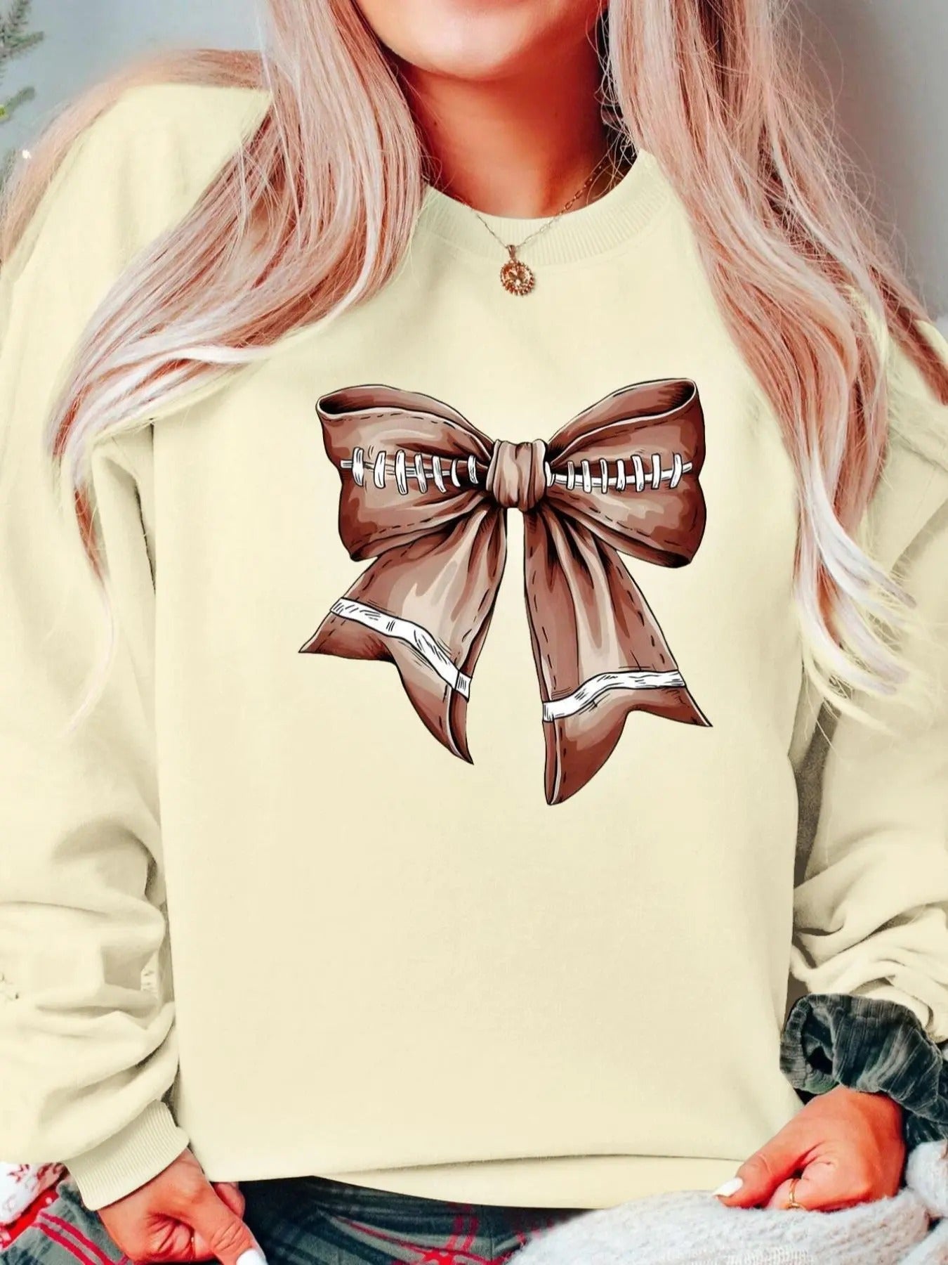 Women's Bow Print Drop Shoulder Sweatshirt, Casual Long Sleeve Round Neck Pullover for Fall & Winter, Ladies Clothes for Daily Wear