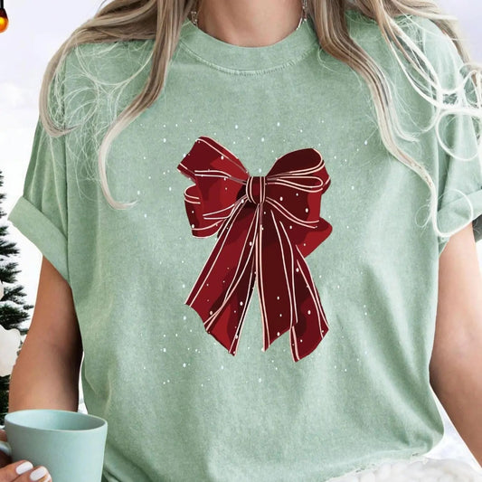 Women's Bow Print Round Neck Tee, Casual Short Sleeve Crew Neck T-Shirt for All Seasons, Fashion Women's Top for Daily Wear