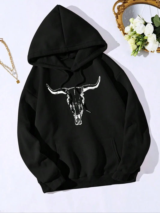 Women's Bull Head Print Drop Shoulder Thermal Lined Hoodie, Fashion Casual Drawstring Pocket Hooded Sweatshirt for Daily Holiday Outdoor Wear, Women Clothing for Fall & Winter