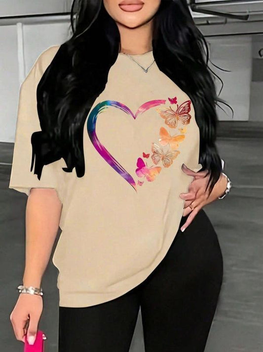 Women's Butterfly & Heart Print Shirt, Fashion Casual Round Neck Half Sleeve T-shirt for Daily Wear,  Vintage Graphic Tees, Mother Day Shirt