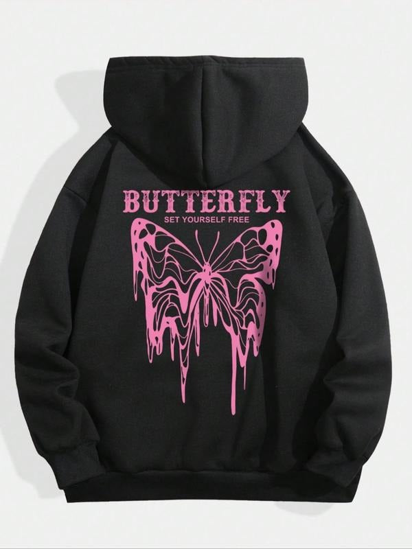Women's Butterfly & Letter Print Drop Shoulder Hoodie, Fashion Casual Drawstring Pocket Hooded Sweatshirt for Daily Holiday Outdoor Wear, Women Clothes for Spring Fall