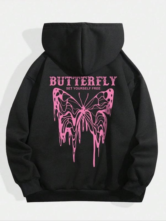 Women's Butterfly & Letter Print Drop Shoulder Hoodie, Fashion Casual Drawstring Pocket Hooded Sweatshirt for Daily Holiday Outdoor Wear, Women Clothes for Spring Fall