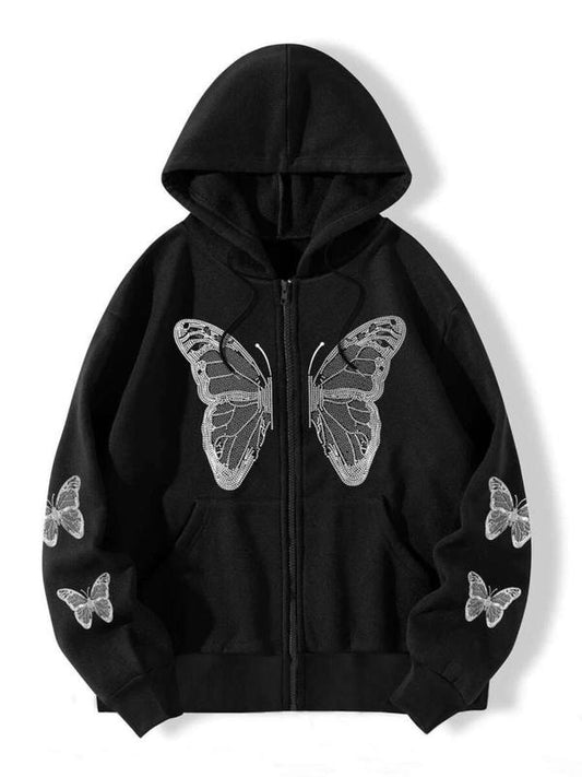 Women's Butterfly Print Drawstring Zip Up Hoodie, Casual Long Sleeve Pocket Hooded Sweatshirt for Daily Wear, Ladies Clothes for All Seasons