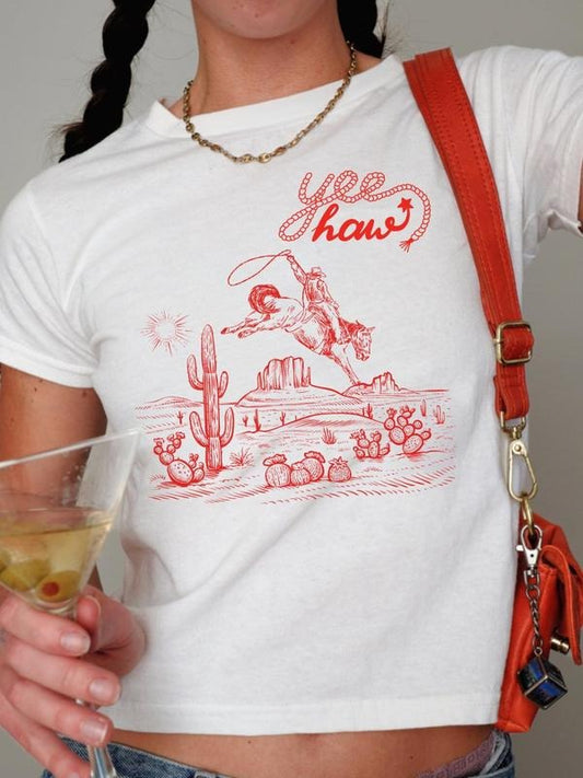 Women's Cactus & Cowboy Print Round Neck Tee, Casual Short Sleeve T-shirt for Summer, Women's Top for Daily Wear