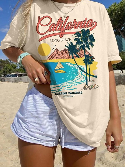 Women's California Print Round Neck Tee, Casual Loose Short Sleeve T-shirt for Daily Wear, Ladies Clothes for Summer, Top