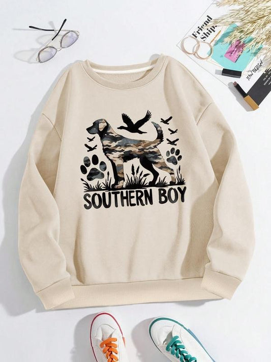 Women's Camo & Dog Print Drop Shoulder Pullover, Fashion Casual Crew Neck Sweatshirt for Daily Holiday Outdoor Wear, Women Clothing for Fall & Winter