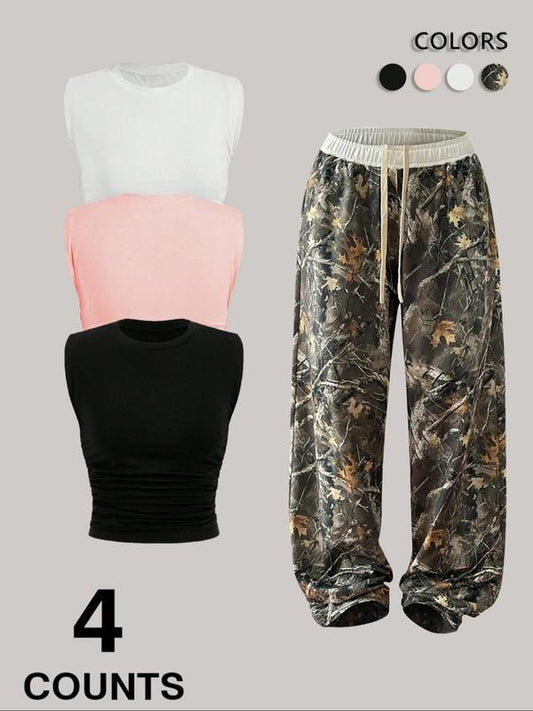 Women's Camo Print Crop Tank Top & Pants Set, Casual Sleeveless Top & Trousers for Summer, Ladies Clothes for Daily Wear, Pajama