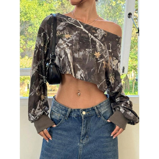 Women's Camo Sweatshirt Off the Shoulder Long Sleeve Asymmetrical Neck Y2k Pullover Crop Tops Streetwear