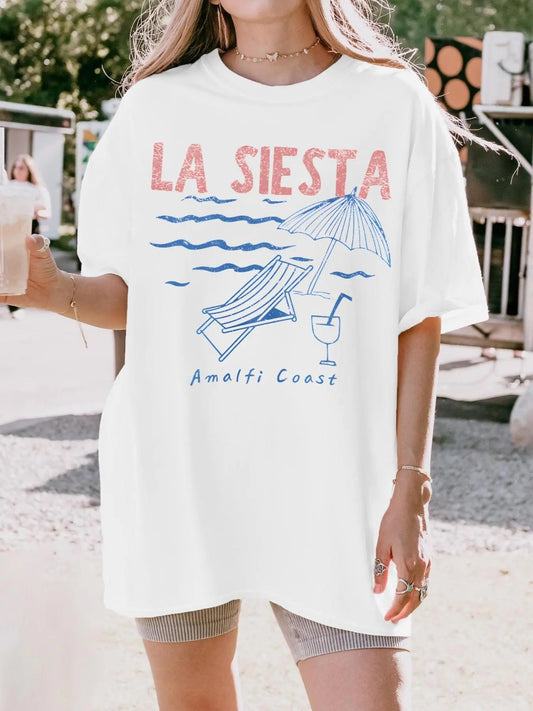 Women's Cartoon & Letter Print Round Neck Tee, Casual T-shirt for Summer, Ladies Clothes for Daily Wear