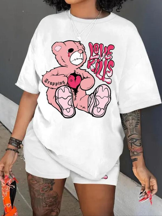 Women's Cartoon Bear & Letter Print Drop Shoulder Tee, Casual Comfy Half Sleeve Round Neck T-Shirt for Daily Wear, Women's Top for All Seasons