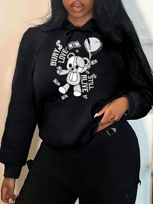 Women's Cartoon Bear Print Drop Shoulder Hoodie, Fashion Casual Drawstring Pocket Hooded Sweatshirt for Daily Holiday Outdoor Wear, Ladies Clothes for Spring & Fall