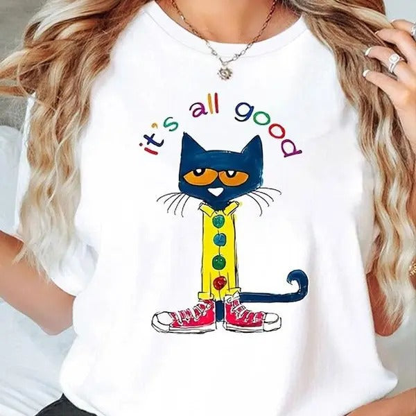 Women's Cartoon Cat & Letter Print Round Neck Tee, Fashion Casual Crew Neck T-Shirt for Daily Holiday Vacation Outdoor Wear, Ladies Clothes for All Seasons