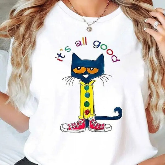 Women's Cartoon Cat & Letter Print Round Neck Tee, Fashion Casual Crew Neck T-Shirt for Daily Holiday Vacation Outdoor Wear, Ladies Clothes for All Seasons