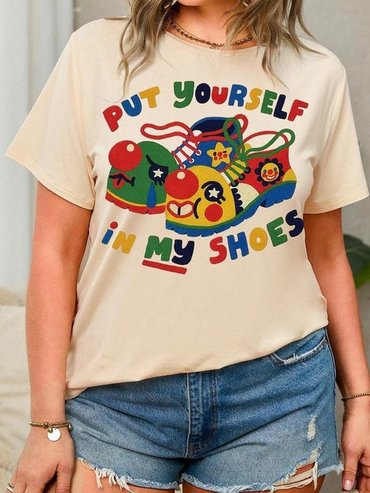 Women's Cartoon Clown Shoes & Letter Print Round Neck Tee, Fashion Casual Crew Neck T-shirt for Daily Holiday Vacation Outdoor Wear, Ladies Clothes for All Seasons