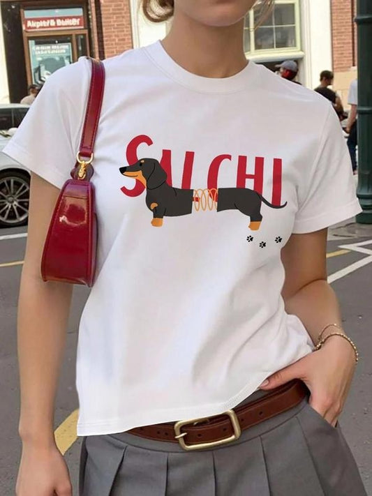 Women's Cartoon Dog & Letter Print Round Neck Tee, Fashion Casual Crew Neck T-shirt for Daily Holiday Vacation Outdoor Wear, Ladies Clothes for All Seasons