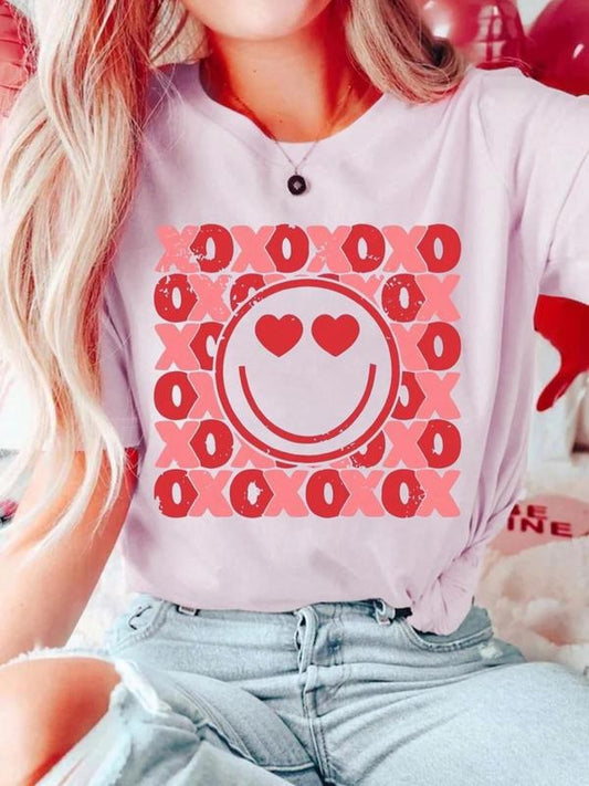 Women's Cartoon Face & Heart Print Round Neck Tee, Fashion Casual Crew Neck T-Shirt for Daily Holiday Vacation Outdoor Wear, Ladies Clothes for Summer