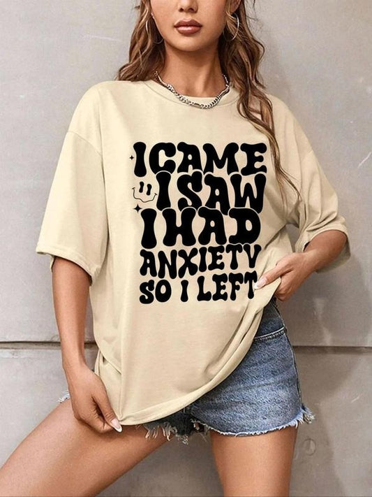 Women's Cartoon Face & Letter Print Round Neck Graphic Tee, Trendy Casual Drop Shoulder Half Sleeve T-shirt for Daily Wear, Ladies All Seasons Outfit