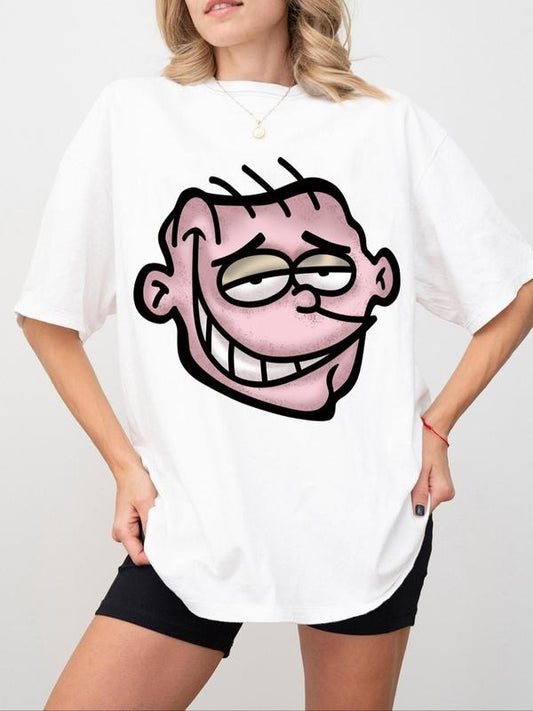 Women's Cartoon Face Print Drop Shoulder Tee, Causal Half Sleeve Round Neck T-shirt for Daily Wear, Ladies Tops for All Seasons