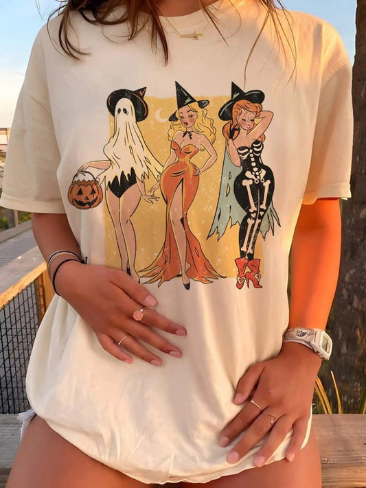 Women's Cartoon Figure Print Round Neck Tee, Fashion Casual Short Sleeve T-shirt, Ladies Summer Clothes for Daily Wear