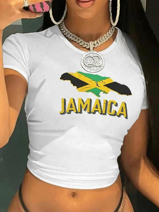 Women's Cartoon Jamaica Flag Print Round Neck Tee, Fashion Casual Crew Neck T-shirt for Daily Holiday Vacation Outdoor Wear, Ladies Clothes for Summer, Top