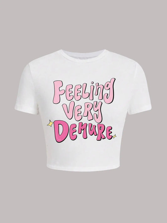 Women's Cartoon Letter Print Round Neck Crop Tee, Fashion Casual Crew Neck Short Sleeve T-Shirt for Daily Holiday Vacation Outdoor Wear, Ladies Clothes for All Seasons