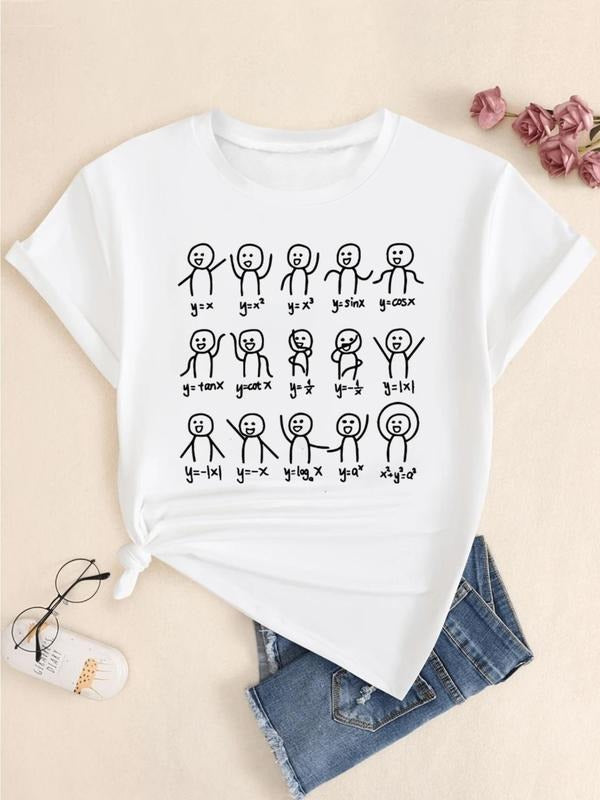 Women's Cartoon Math Stickman Print Round Neck Tee, Fashion Casual Short Sleeve T-shirt for Daily Wear, Ladies Summer Clothes