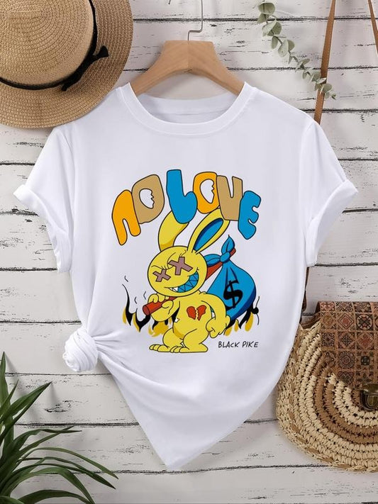Women's Cartoon Rabbit & Letter Print Round Neck Tee, Fashion Casual Crew Neck T-Shirt for Daily Holiday Vacation Outdoor Wear, Ladies Clothes for All Seasons