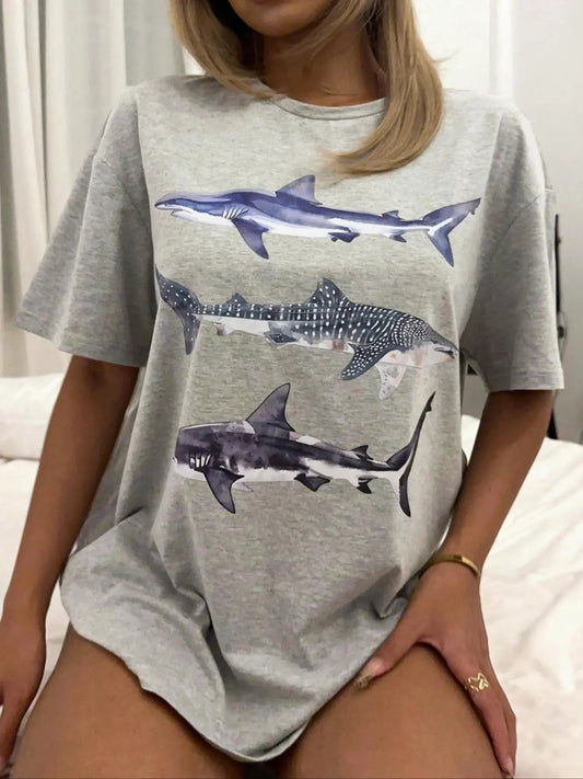 Women's Cartoon Shark Print Drop Shoulder Tee, Casual Half Sleeve Round Neck T-Shirt for Summer, Ladies Clothes for Daily Wear