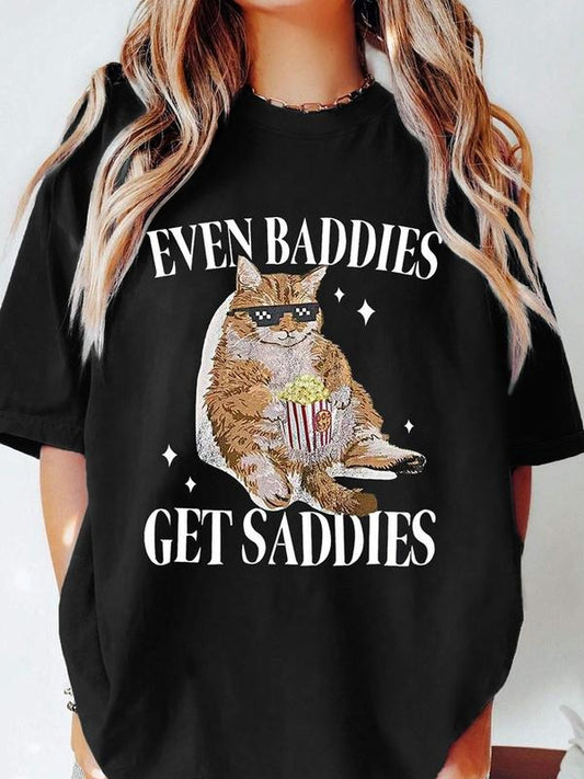 Women's Cat & Letter Print Round Neck Tee, Fashion Casual Crew Neck T-Shirt for Daily Holiday Vacation Outdoor Wear, Ladies Clothes for Summer, Top
