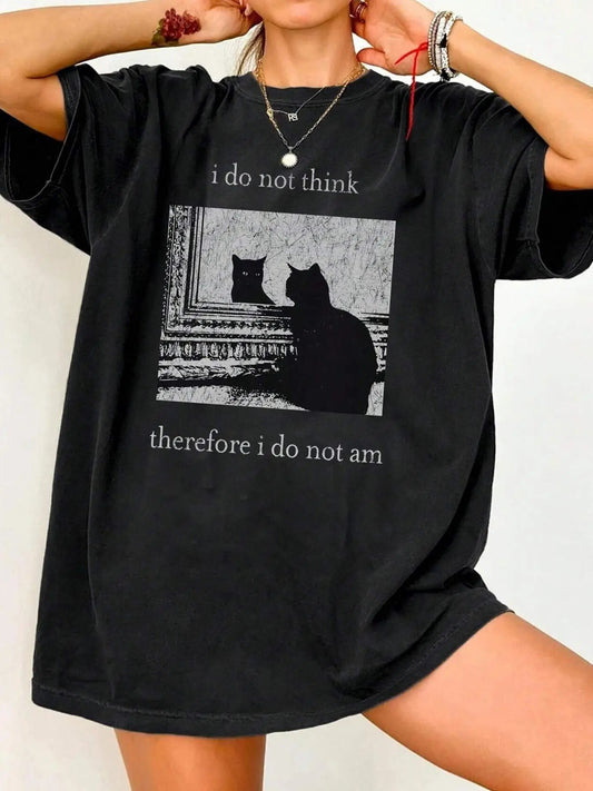 Women's Cat & Letter Print Round Neck Tee, Fashion Casual Crew Neck T-shirt for Daily Holiday Vacation Outdoor Wear, Ladies Clothes for All Seasons