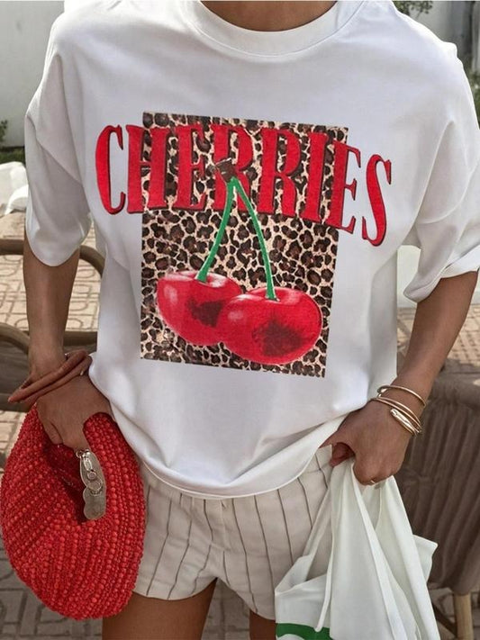 Women's Cherries & Leopard Print Round Neck Tee, Fashion Casual Crew Neck T-shirt for Daily Holiday Vacation Outdoor Wear, Ladies Clothes for Summer, Top