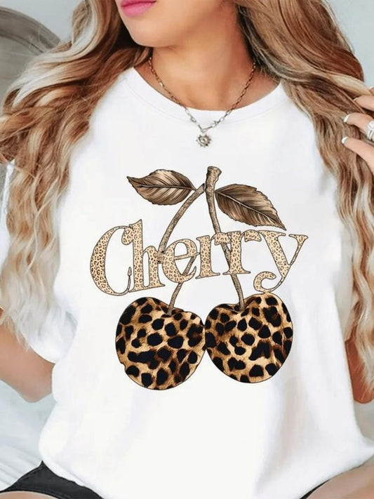 Women's Cherry & Leopard Print Round Neck Tee, Fashion Casual Crew Neck T-Shirt for Daily Holiday Vacation Outdoor Wear, Ladies Clothes for Summer, Tops