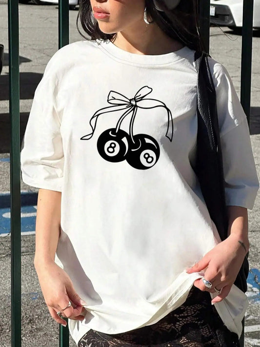Women's Cherry & Number & Bow Print Round Neck Tee, Casual Drop Shoulder Short Sleeve T-Shirt for Summer, Ladies Clothes for Daily Wear