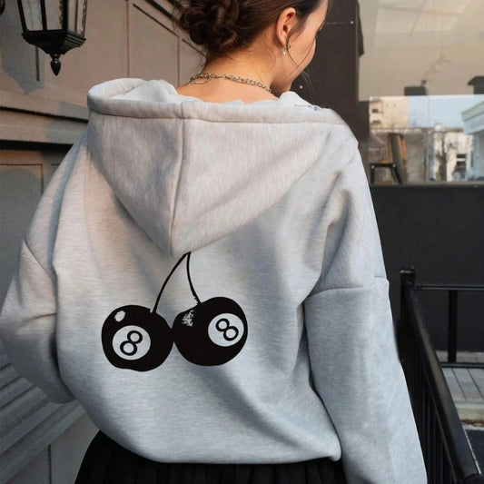 Women's Cherry Print Drop Shoulder Hoodie, Fashion Casual Drawstring Pocket Hooded Sweatshirt for Daily Holiday Outdoor Wear, Women Clothing for Fall & Winter