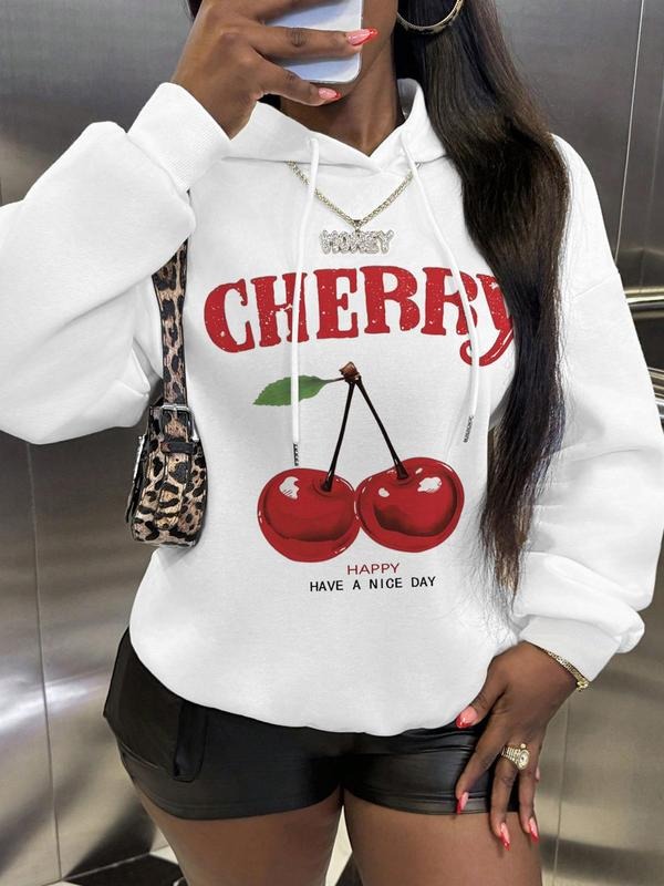 Women's Cherry Print Hoodie, Fashion Casual Letter Print Hooded Sweatshirt for Daily Holiday Outdoor Wear, Women Clothing for Fall & Winter