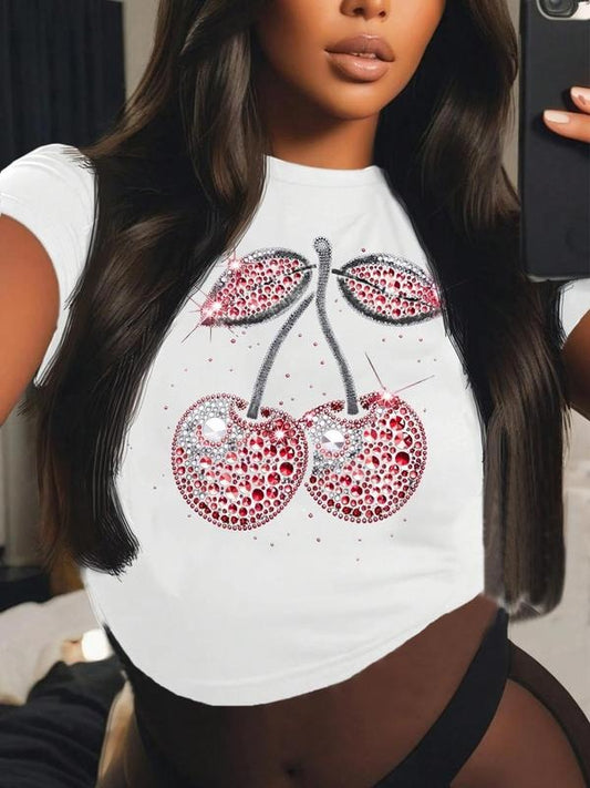 Women's Cherry Print Round Neck Tee, Fashion Casual Crew Neck T-shirt for Daily Holiday Vacation Outdoor Wear, Ladies Clothes for Summer, Tops